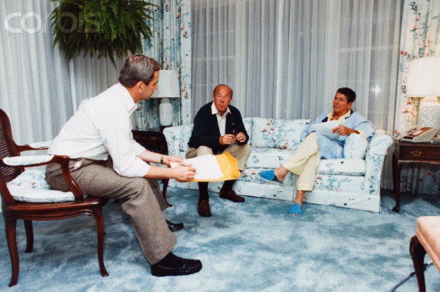 Ronald Reagan at the Eisenhower Cabin at the Augusta National Golf Course in Geaorgia (US). Copyright Corbis [13].